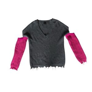 Pinko Wool Blend Charcoal V-Neck Sweater with Hot Pink Sleeves Distressed XS